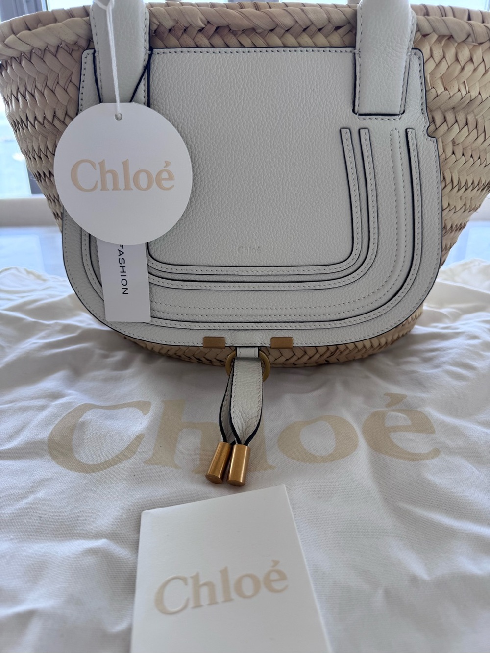 New Chloé Marcie Medium Raffia and Leather Basket Tote Bag - Picture 2 of 8